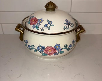 Vintage Normandy Enamel Red & Blue Floral Brass Handled Pot/Dutch oven with Lid