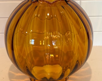 20th C. Regency Amber Ribbed Glass Lamp Shade Globe Ruffle Rim - 8” globe, 4" Fitter Vintage MCM