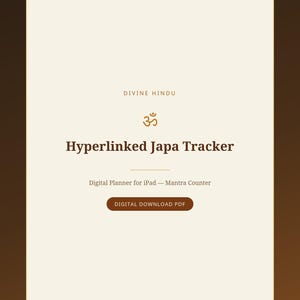 Puede incluir: Una página de planificador digital con fondo crema y texto marrón oscuro. El texto dice DIVINE HINDU, Hyperlinked Japa Tracker, Digital Planner for iPad — Mantra Counter, y un botón etiquetado DIGITAL DOWNLOAD PDF. Un símbolo Om está centrado.