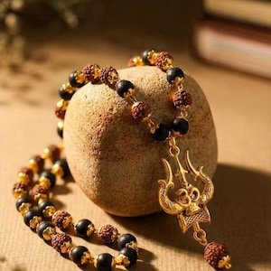 Divine Hindu Rudraksha Karungali Mala Gold-Cap Shiv Trishul Pendant, Spiritual Beads