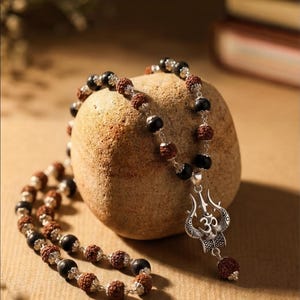 Divine Hindu Rudraksha Karungali Mala in Silver-Cap with Shiv Trishul & Rudraksha Pendant