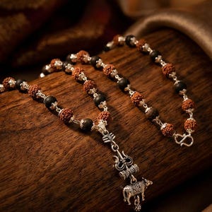 May include: A beaded necklace with alternating brown and black beads, linked by silver-toned metal. A silver pendant with an intricate design is suspended from the necklace. The necklace is displayed on a wooden surface.