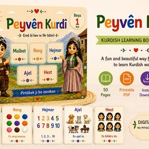 Könnte beinhalten: Ein Kurdisch-Lernbuch für Kinder mit dem Titel Peyvên Kurdî, das Illustrationen von zwei Kindern in traditioneller Kleidung, fünf Vokabelkarten mit Wörtern wie Malbat und Reng, die Zahlen 1-10 sowie Symbole für PDF, Download und Druck enthält.