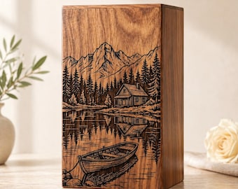 Urna de madera artesanal para cenizas / Diseño de lago de montaña grabado / Urna funeraria conmemorativa /