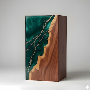 Emerald Green & Gold Resin Cremation Urn  | Modern Wood Memorial Keepsake