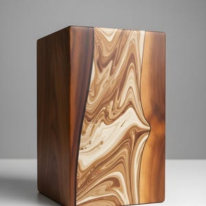 Op de afbeelding: Een rechthoekig houten blok met een uniek ontwerp. Het blok heeft donkerbruin hout aan de zijkanten en een centraal paneel met een wervelend patroon van lichte en donkere bruintinten. De algehele esthetiek is modern en artistiek.