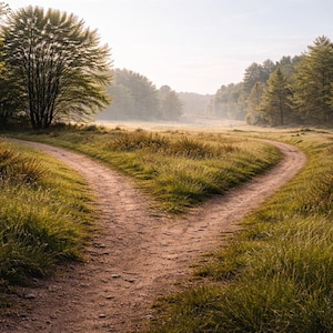 Può includere: Un paesaggio panoramico con una biforcazione in un sentiero sterrato, circondato da erba verde lussureggiante e alberi. Il sentiero si divide in due direzioni, conducendo in una foresta nebbiosa e soleggiata. Una scena naturale e pacifica.