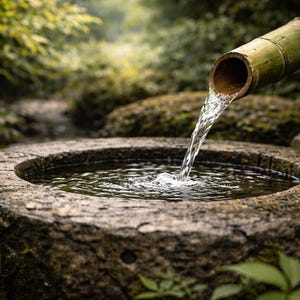 May include: A tranquil Japanese garden scene features a stone basin with water flowing from a bamboo spout. The water cascades into the basin, creating a serene and natural ambiance. The stone basin is surrounded by lush greenery.