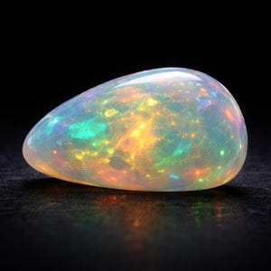 May include: A polished, teardrop-shaped opal gemstone. The opal exhibits a vibrant play-of-colour, with flashes of green, orange, and yellow within a translucent, milky white base. The stone is set against a dark background.