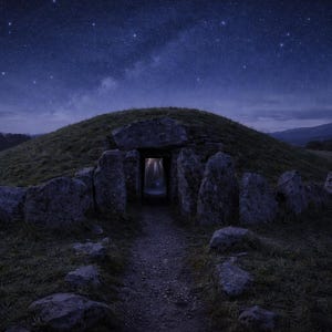 May include: A nighttime landscape featuring a stone structure with an illuminated entrance, set against a backdrop of a starry sky. The structure is on a grassy hill, with a path leading to the entrance. The scene evokes a sense of mystery and history.