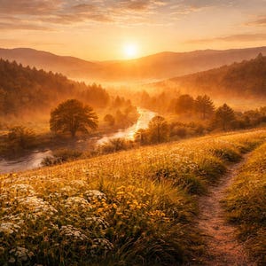 Könnte beinhalten: Eine Landschaft bei goldenem Sonnenaufgang über einem Tal mit einem gewundenen Fluss. Ein Feldweg führt durch eine grasbewachsene Wiese voller weißer und gelber Wildblumen. Die umliegenden Hügel sind mit dichtem Wald und leichtem Morgennebel bedeckt.