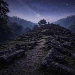 Può includere: Un paesaggio notturno con un sentiero di pietra che conduce a una struttura a gradoni sotto un cielo stellato. La scena è avvolta nella nebbia, con alberi scuri e fogliame che incorniciano il sentiero e la struttura.