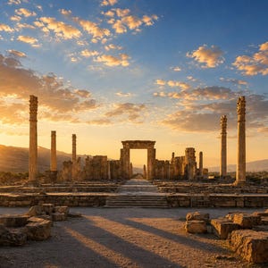 May include: The ancient stone ruins of Persepolis feature tall, weathered columns and a central gateway structure under a vibrant sunset sky. The landscape includes scattered stone blocks and remnants of walls across a wide, open terrain.
