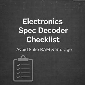 Op de afbeelding: Een donkergrijze afbeelding met de tekst "Electronics Spec Decoder Checklist" en "Avoid Fake RAM & Storage". Een printplaatontwerp staat bovenaan en een checklistpictogram onderaan.