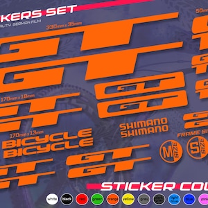 May include: An orange sticker set for bicycles, featuring various GT and Shimano logos, with sizes ranging from 2 x 2.4 inches to 13 x 0.5 inches. The set includes the text "STICKERS SET" and "BICYCLE".