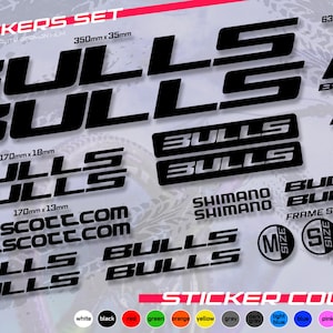 Puede incluir: Un juego de pegatinas con la palabra "BULLS" en varios tamaños y estilos, junto con "SHIMANO" y texto de sitio web. Incluye indicadores de tamaño de cuadro (M, S, L) y opciones de color. La pegatina más grande mide 350 mm x 35 mm.