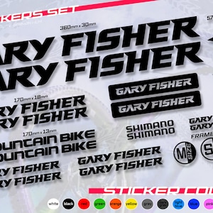May include: A sticker set featuring the text "GARY FISHER" in a bold, black font. Includes various sizes and styles, such as "MOUNTAIN BIKE" and "SHIMANO". The set also includes logos and frame size indicators. The stickers are waterproof and sun-resistant.