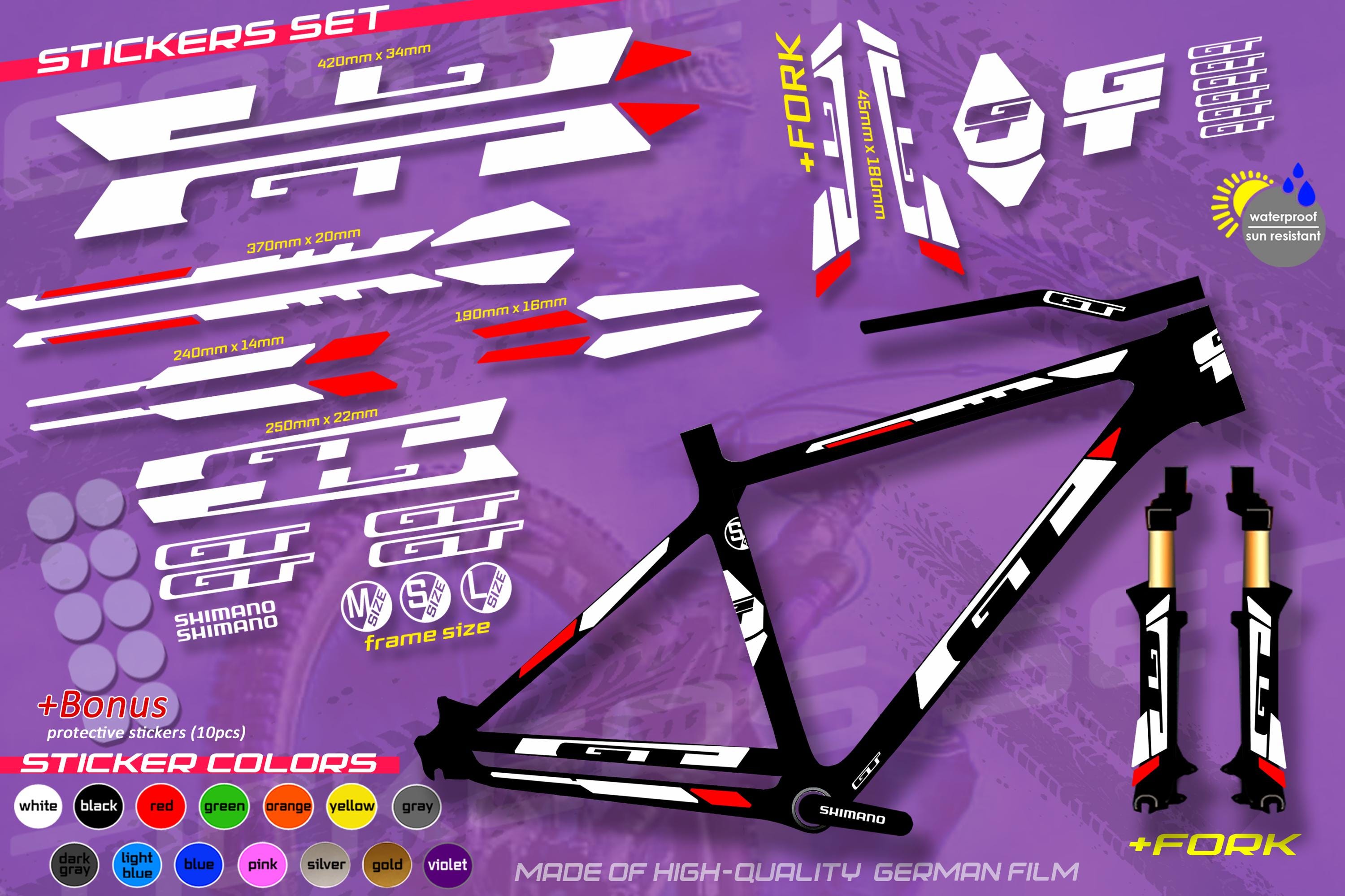 GT Set of Bicycle Stickers. ALL COLORS, High Quality. Washable, Sun ...