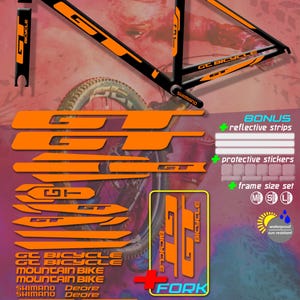 May include: A frame stickers set for a mountain bike. The set includes black and orange stickers with the text "GC BICYCLE" and "GT". The stickers are waterproof and sun-resistant. Includes reflective and protective strips.