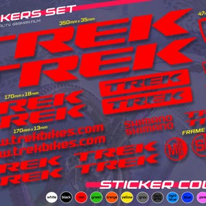 May include: A sticker set featuring red Trek logos and graphics, including the brand name, website address, and various shield designs. The set includes stickers of different sizes, with the largest measuring 350mm x 35mm. The stickers are waterproof and sun-resistant.