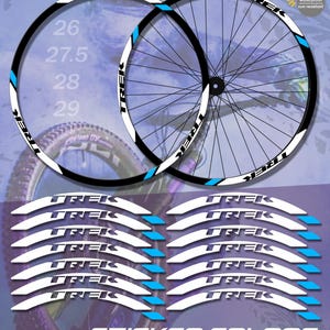 May include: A set of rim stickers for bicycles, featuring the brand "TREK". The stickers are white with black and blue accents. The image includes text indicating the stickers are waterproof and sun-resistant, and available in various colors.