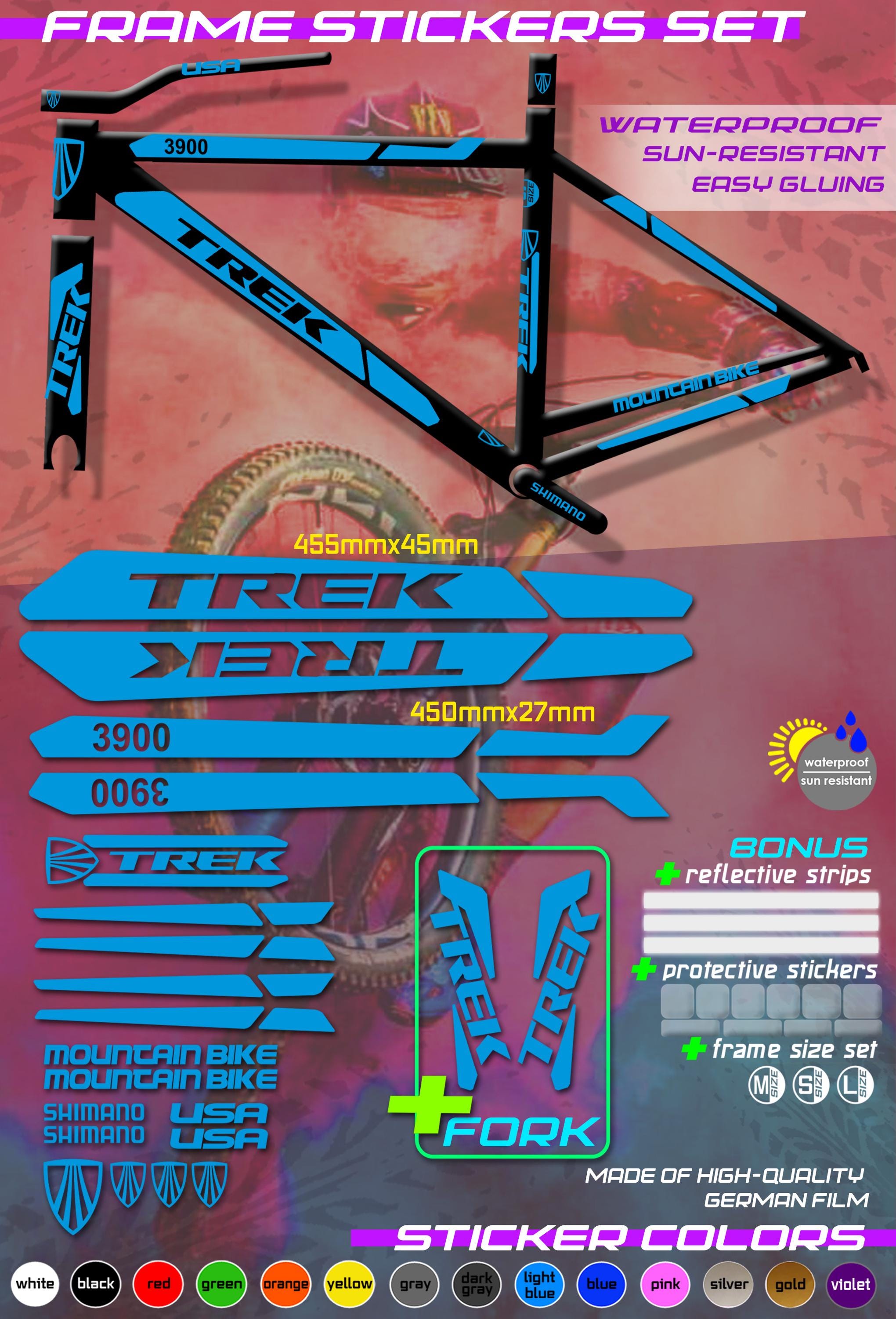 Stickers TREK, on the Bicycle Frame and Fork. Bicycle Stickers Set