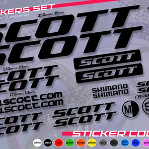 May include: A sticker set featuring the brand name "SCOTT" in bold black lettering. The set includes various sizes and styles of the logo, along with "SHIMANO" and frame size indicators. The stickers are waterproof and sun-resistant.