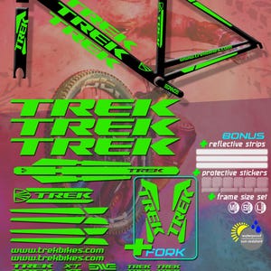 Könnte beinhalten: Ein Set grüner "TREK" Rahmenaufkleber für Fahrräder. Das Set enthält Aufkleber für Rahmen, Gabel und andere Teile. Die Aufkleber sind wasserdicht, sonnenbeständig und aus hochwertiger deutscher Folie gefertigt. Erhältlich in verschiedenen Farben.