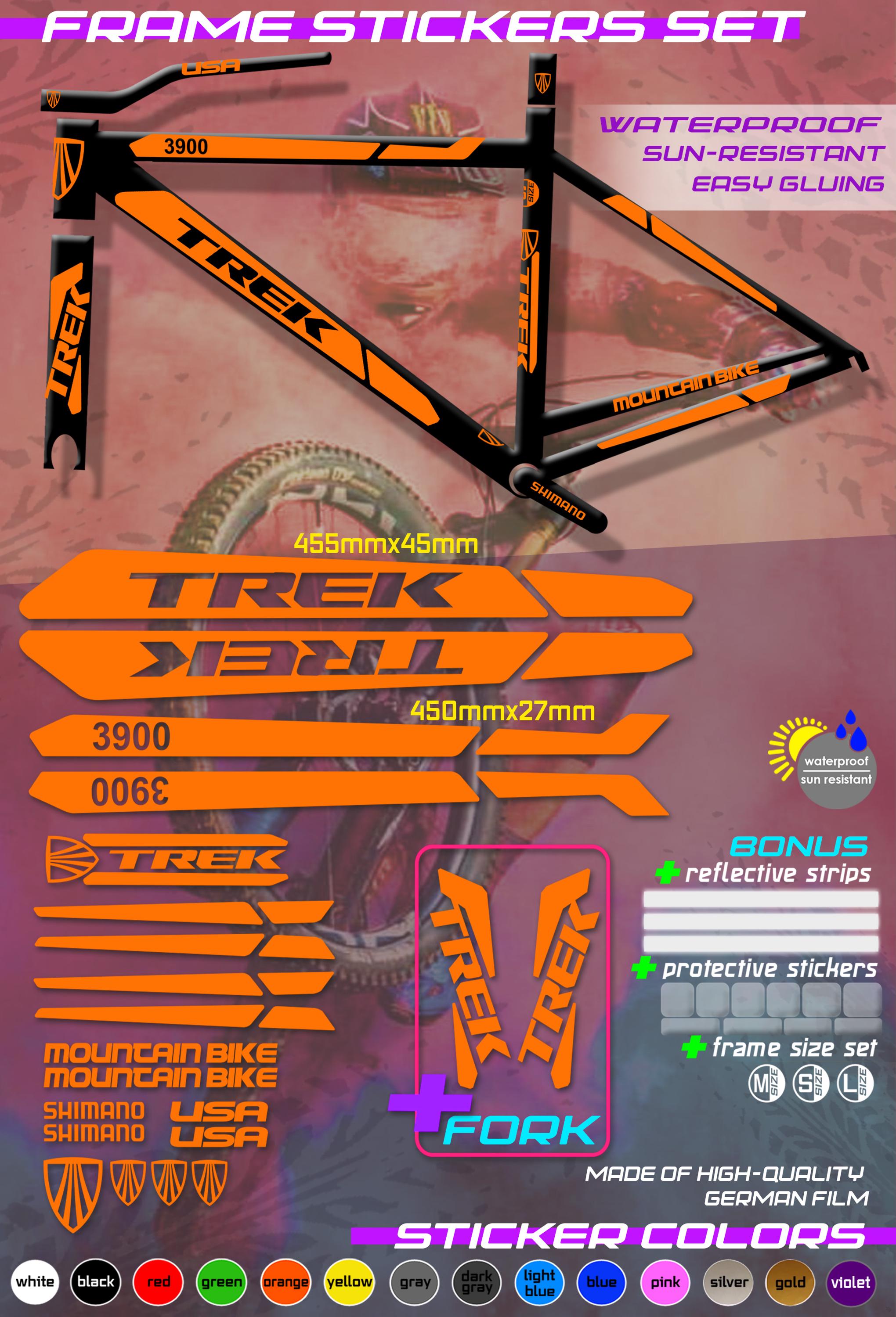 Stickers TREK, on the Bicycle Frame and Fork. Bicycle Stickers Set