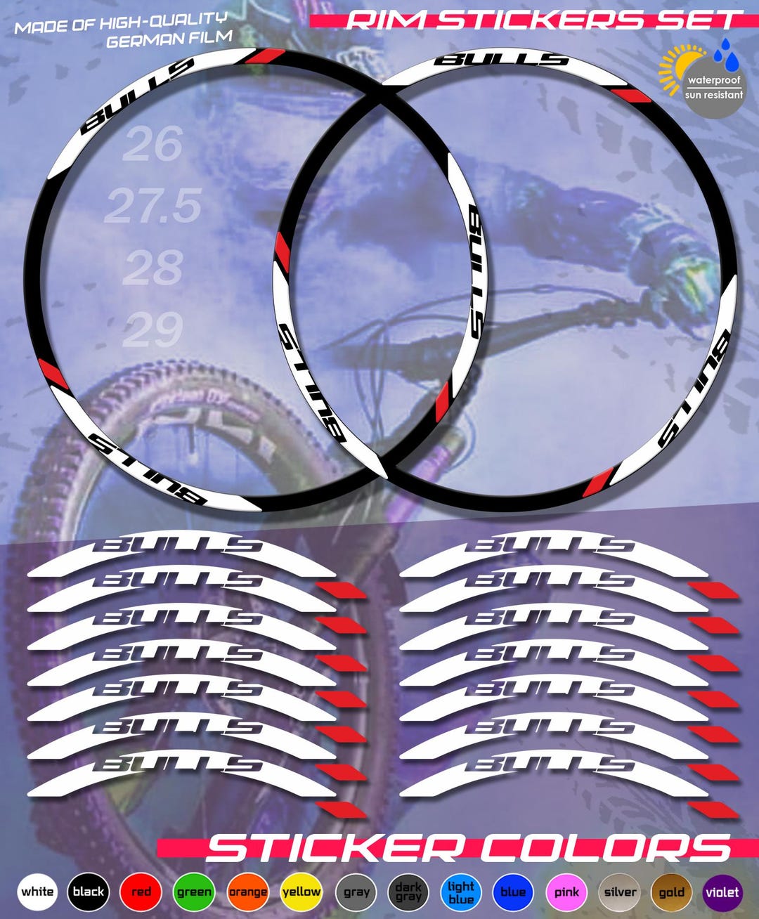 Bicycle Rim Stickers BULLS. Sticker Set. ALL COLORS, High Quality ...