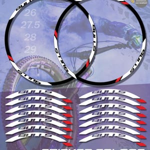 May include: A set of rim stickers with the text "Bulls" in white, black, and red. The stickers are designed for various wheel sizes, including 26, 27.5, 28, and 29 inches. The set includes a variety of color options.