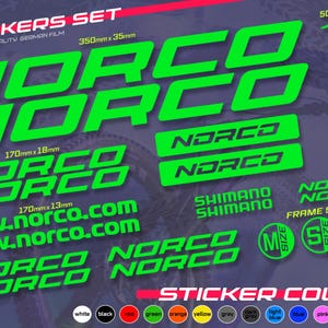 May include: A sticker set featuring the brand name "NORCO" in bright green. The set includes various sizes and shapes, with dimensions like 350mm x 35mm and 170mm x 18mm. The stickers are waterproof and sun-resistant.