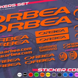 May include: An assortment of orange Orbea stickers, including the brand name, website address, and Shimano logos. The set includes various sizes and shapes, with dimensions like 350mm x 33mm and 170mm x 18mm. The stickers are waterproof and sun-resistant.