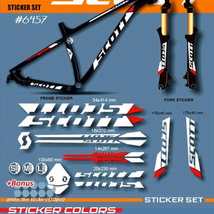 May include: A sticker set for a bicycle frame and fork, featuring the brand name "SCOTT" in white and red. The set includes frame stickers (34x414 mm) and fork stickers (170x45 mm), plus bonus protective stickers. Available in various colors.