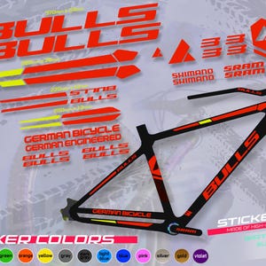 May include: A black and red bicycle sticker set with the word "Bulls" prominently displayed. The set includes various stickers with yellow accents, Shimano and SRAM branding, and the text "German Bicycle German Engineered".