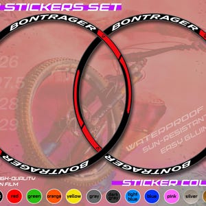 May include: Black and red Bontrager rim stickers for bicycles. The stickers are waterproof, sun-resistant, and easy to apply. Available in various colors, including white, black, red, green, and blue. Sizes include 26, 27.5, 28, and 29 inches.