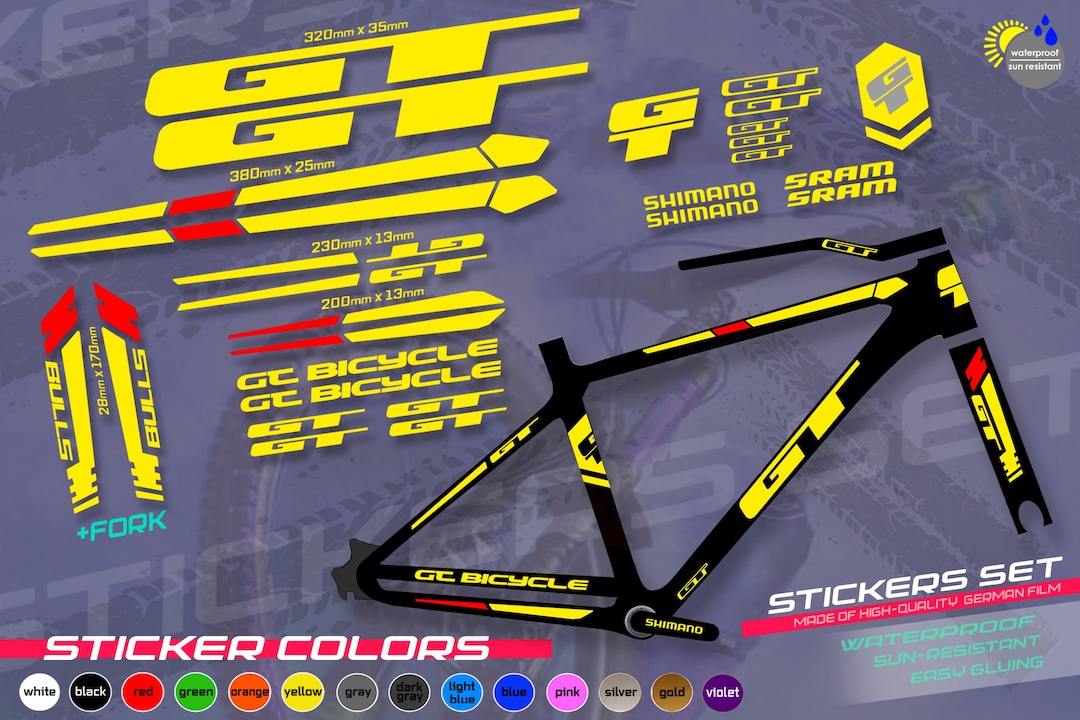 GT Set of Bicycle Stickers. ALL COLORS, High Quality. Washable, Sun ...