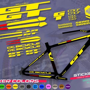 May include: A collection of yellow and black bicycle stickers, including the frame, with the text "GT", "GC BICYCLE", and "SHIMANO". The stickers are made of high-quality German film and are waterproof and sun-resistant.
