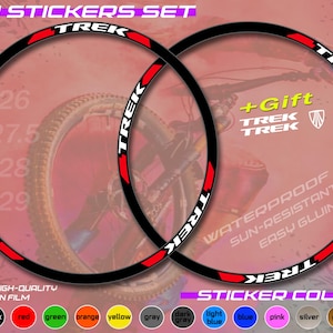 May include: Black rim stickers with the brand name "TREK" in white, red, and black. The stickers are designed for bicycle wheels, with sizes 26, 27.5, 28, and 29 inches. The text "WATERPROOF SUN-RESISTANT EASY GLUING" is also visible.