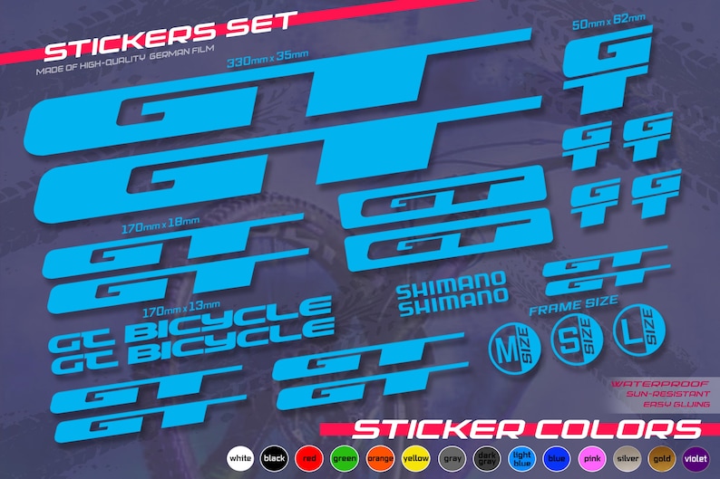 GT Bicycle Sticker Set. on the Bicycle Frame. ALL COLORS, High Quality ...