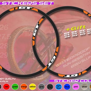 May include: Rim stickers set with black rims, orange and white accents, and the text "GT". Includes sizes 26, 27.5, 28, and 29. Features waterproof, sun-resistant, and easy gluing. Available in various colors.