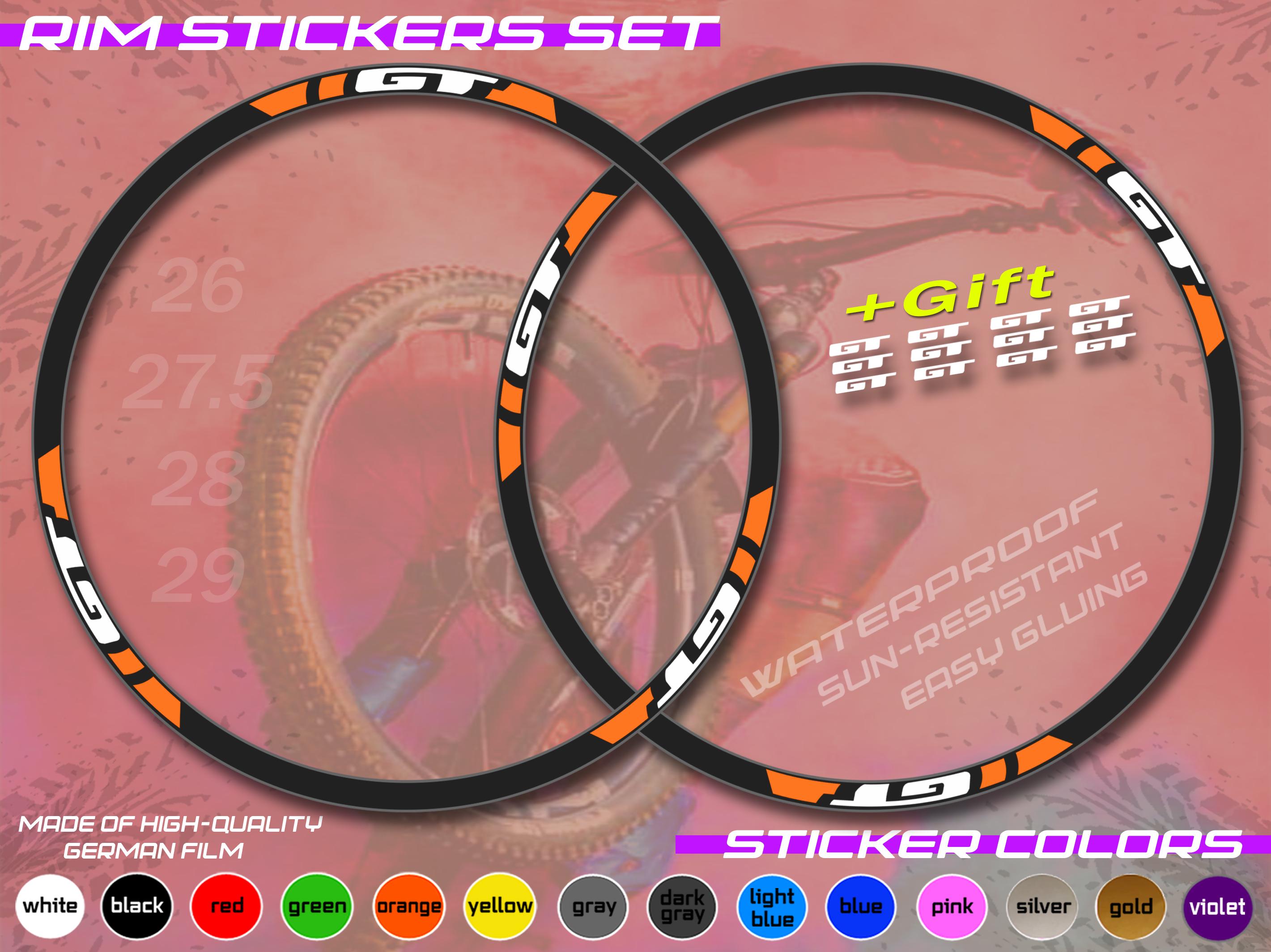 GT Set of Bicycle Rim Stickers. ALL COLORS, High Quality. Washable ...