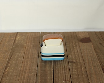 Vintage Toaster Toast Salt Pepper Shakers – Blue Striped Ceramic Kitchen Set