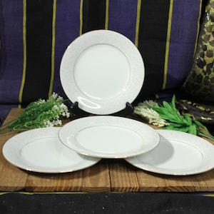 May include: Four white ceramic plates with a delicate, patterned border and a gold rim are displayed on a wooden surface. One plate is upright in a black stand. The background features a patterned fabric and greenery.