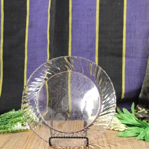 May include: A clear glass plate with a textured, wavy rim, displayed on a black metal stand. The plate is set against a backdrop of purple and black striped fabric with gold accents, and greenery.