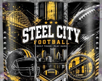 Steel City Football Tumbler Wrap PNG, 20oz Skinny Tumbler Design, Black Gold Football Digital Download, Sports Fan Sublimation
