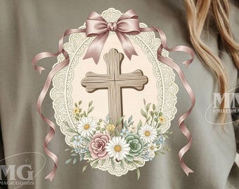 Camiseta Coquette com estampa da Cruz Cristã, Camiseta Floral da Fé (Download Digital)