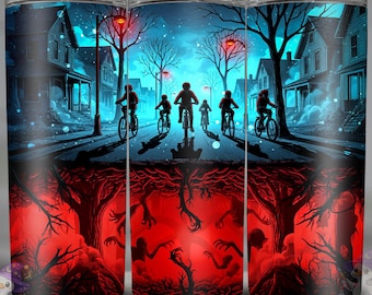 Copo térmico Upside Down Ride de 590ml com estampa por sublimação, estilo retrô de suspense e terror (Download digital)