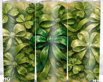 Adesivo PNG para copo térmico de 590ml (20oz) do Dia de São Patrício, com estampa de trevo em estilo pintura a óleo falsa, disponível para download por sublimação.