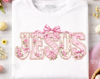 Design de camiseta Coquette Jesus: Laço rosa, estampa floral cristã (Download digital)